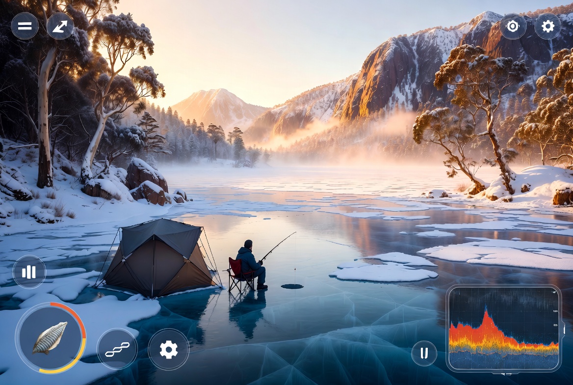Winter Catch gameplay — ice fishing on a frozen alpine lake in Australia