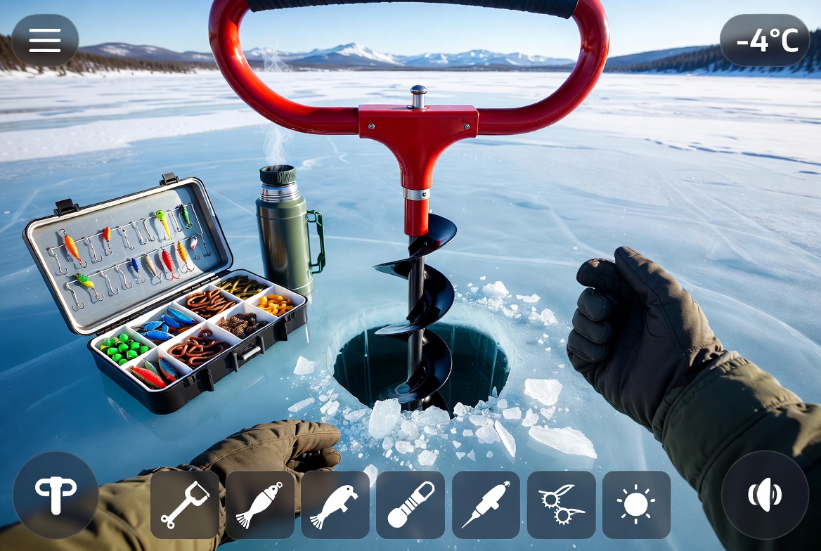 Winter Catch gameplay — drilling ice hole and setting up gear
