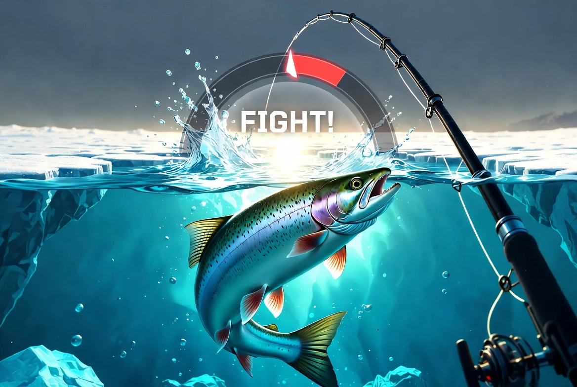 Winter Catch gameplay — fighting a trophy trout under the ice